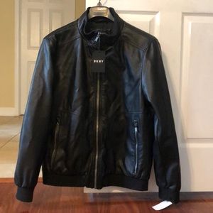 DKNY men’s black leather bomber jacket, Large